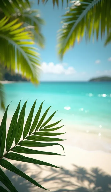 Beautiful nature green palm leaf on tropical beach with bokeh sunlight wave background wallpaper