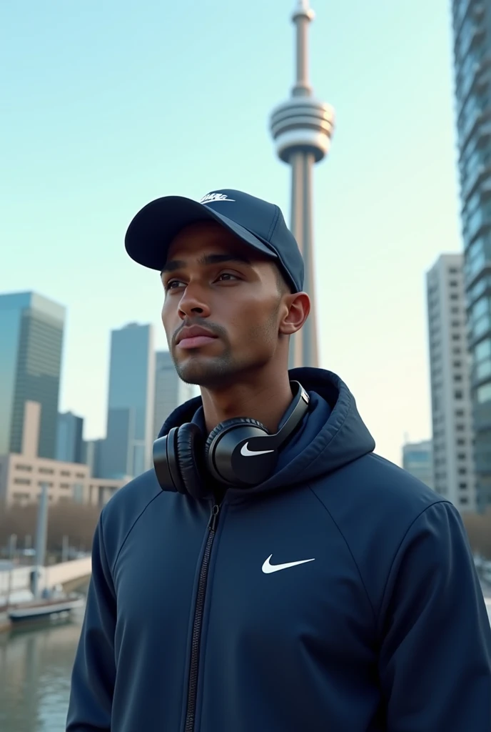 A realistic depiction of an Indian young man with a clean haircut, wearing a dark blue Nike outfit Jacket and a matching cap and headphone, standing in front of the iconic CN Tower in Toronto during the morning. The background includes clear skies and the ...