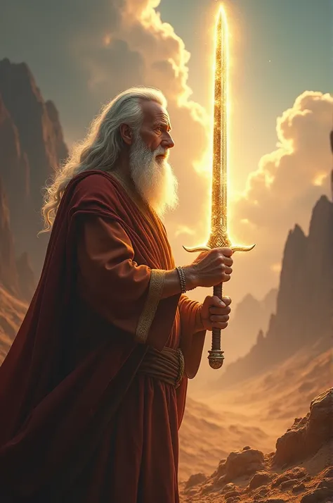 Create for me a VERY illuminated 4k HD Image of Moses Dressed in the Age and Seeing the Sword of GOD 