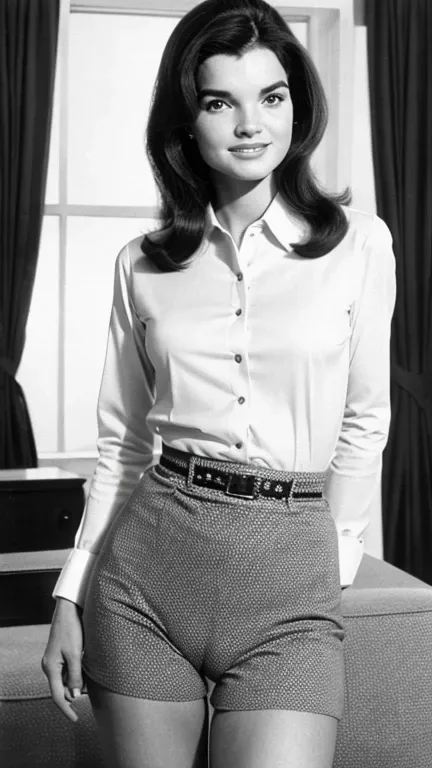 Jackie Kennedy with unbuttoned long sleeve shirt,panties,dots smiling