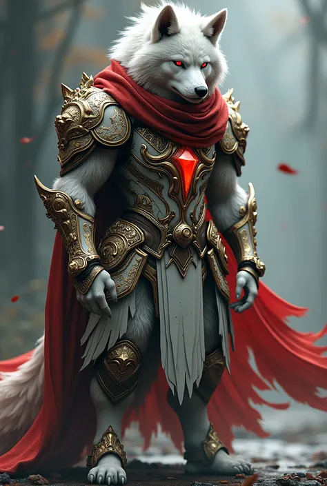 a silhouette of a white hairy werewolf in armor wearing a tattered red scarf, looks more like a shibu inu, partially turned, red glowing eyes, damaged gold and white metal armor, armor is stylized from final fantasy 16 multilayered crystalized details like...