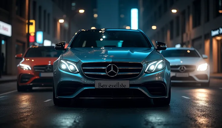 Generate an image Mercedez Benz E-Class, Standing at street, lights ON, showing front, writing Beetle,Background is like other car at road running,