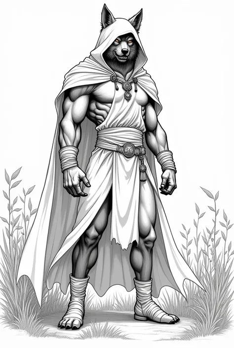 A realistic drawing outline ,  in black with thick lines and white background without shading, Of a werewolf, Tall and magical ,  wearing modern white magicians outfit, White magician cover , white boot , With vegetation in the background 