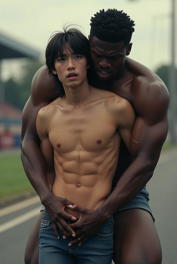 Real photo、 real、live-action、Beautiful Japanese man、信じられないぐらい beautiful faceの日本人、 black people put their hands between Japanese crotches、Beautiful Japanese manが黒人の大きな手で股間を握られている、Japanese male college students are wonderful beautiful boys 、 Six Pack Abs 、 i...