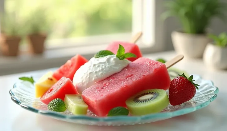 Glass platter with Yogurt and Fruit Popsicles