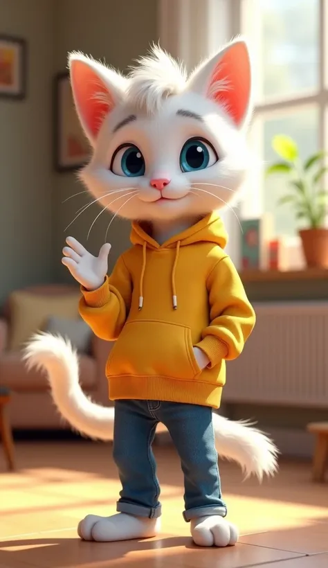 "High-quality 3D rendering of an anthropomorphic white ash-white hairy male adolescent cat about  with expressive blue eyes, wearing a yellow hoodie,  blue jeans .  standing with an expression like talking to someone else . The other hand is pointing forwa...