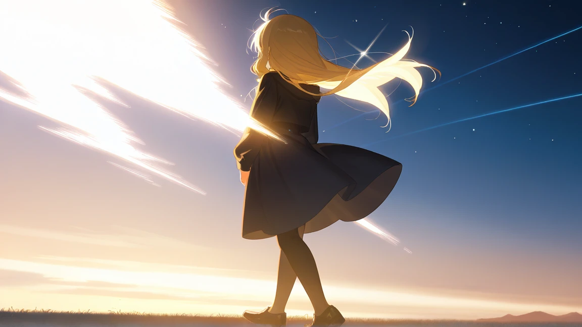 A vast landscape stretches out, with fragments of light sparkling like stars scattered around the girl. She faces this way, walking while gazing at the glowing fragments.