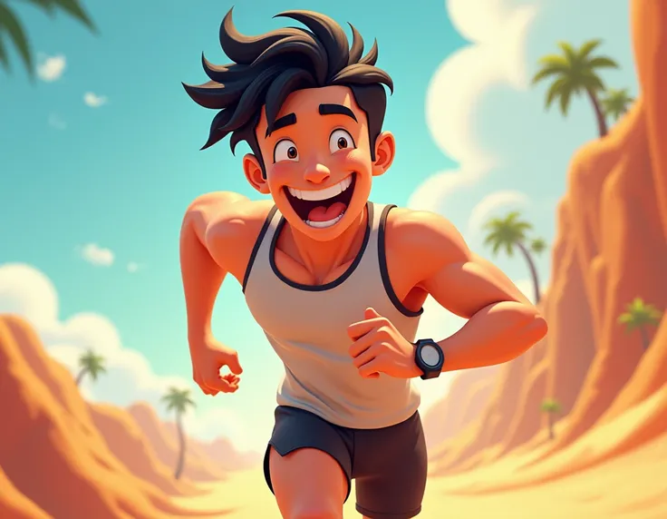 Art style animate a dark-haired male character who is always smiling he wears a tank top, short, running shoes.