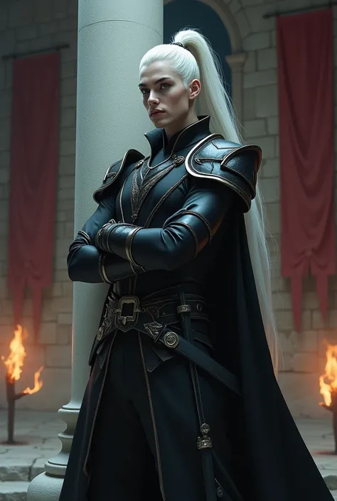  Create a beautiful prince from hell ,  beautiful face, light adult eyes ,  long white hair tied in a high tail , Wear a dark combat outfit with shoulder pads and a long black cape,  with a sword hanging from his hips .  Who looks serious and attractive , ...