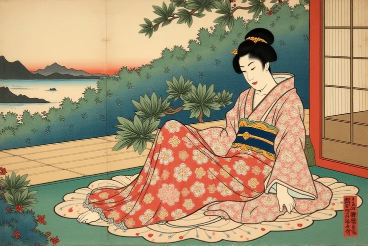 Picture of a woman sitting on a bench in the garden, Inspired by Hishikawa Moronobu,   by Kikuchi Yosai  ,  Japanese woodblock print ,  arafe image of a man wearing a kimono sitting on a bed ,  influenced by the East in Kyogen , Hokusai-style , From the Se...