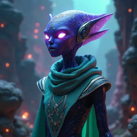 A futuristic humanoid creature with bioluminescent, crystalline skin that shifts between vibrant purple and emerald green. The characters head is adorned with intricate geometric patterns glowing faintly, resembling ancient alien hieroglyphs. They wear a s...