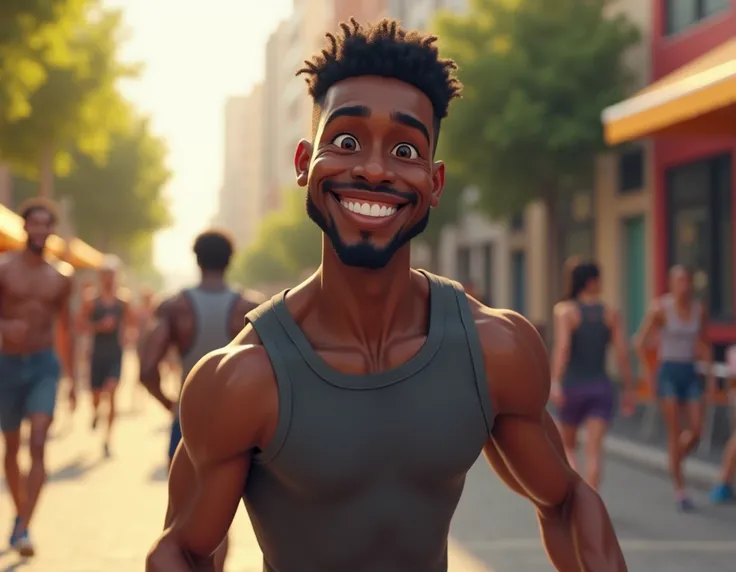 A black male character is always smiling he wears a tank top, short, running shoes.
