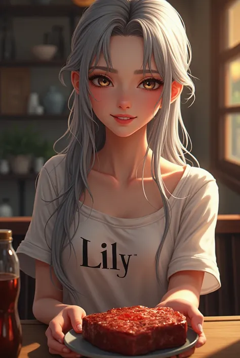 a young woman, long hair, chest, smile, Open Your Mouth,  silver hair,  A shirt with the word lily on it,、Young,Tie your hair and eat steak ,Looks delicious,