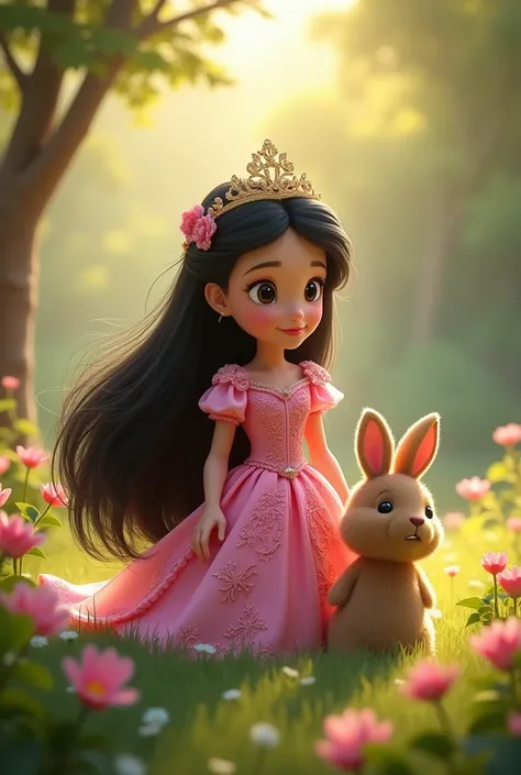 Generate an image of this scene where the princess Alexa comes out in her pink dress and black hair, with her capybara plush, Rescuing a Trapped Bunny.