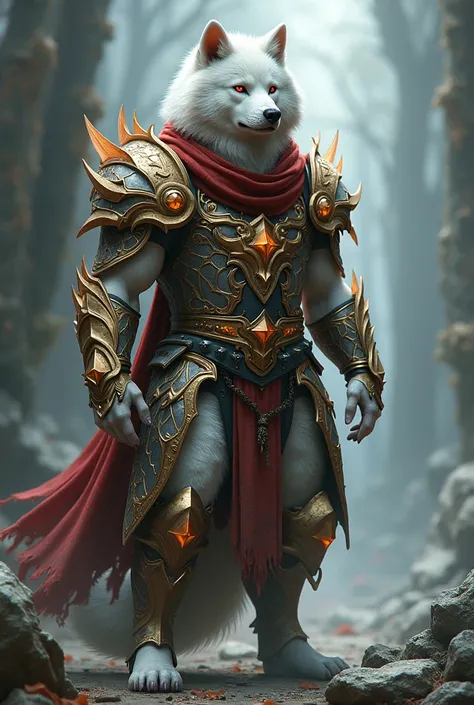 a silhouette of a white hairy werewolf in armor wearing a tattered red scarf, looks more like a shibu inu, partially turned, red glowing eyes, colorful multilayered crystal with gold metal armor on it and something that represents its a striker. armor. 3D,...