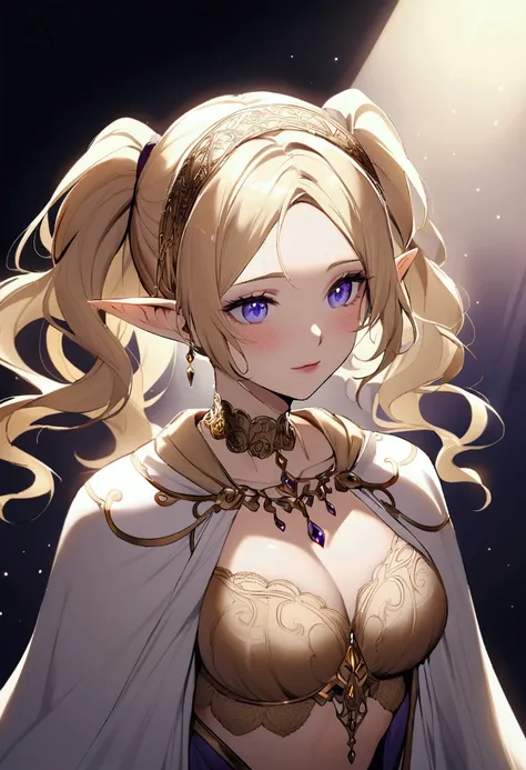 slender, mature female, 1girl, with long, flowing blonde hair styled in twin pigtails, and striking light blue eyes. She has pointed ears, a serene expression. She is wearing a delicate, ornate headband with gems, and a dark-purple, ornate choker necklace ...