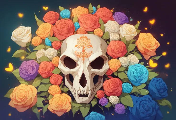 "A highly detailed and colorful sugar skull surrounded by vibrant flowers. The skull is intricately decorated with bright orange, red, and blue floral patterns, with glowing accents. Behind the skull, a variety of marigolds, roses, and other exotic flowers...