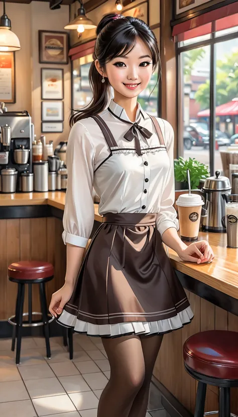 (ultra realistic illustration),Coffee shop cafe. Pretty 30yo asianwoman, perfect figure, small natural breasts, brown eyes, ((very pale:1.3)),  Ponytail, mascara, blouse, apron,GM Cafe, skirt, black pantyhose, high heels. Warm smile.