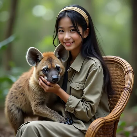 a woman black hair by headband sweet doll-shaped, ordinary jacket clothes skirt clothes, sit down in rattan chair while carrying big hyena, natural, teeth smile, funny, stupid, life-like realistic, real human indonesians, real animal life, 8K UHD, 16K HDR,...