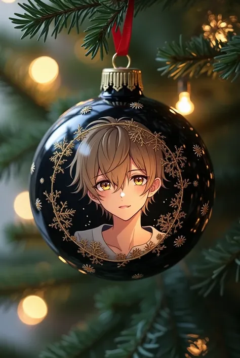 Black Christmas sphere ,  to decorate Christmas tree , with a young man ,  with cabello café claro, very pale skin and golden eyes,anime