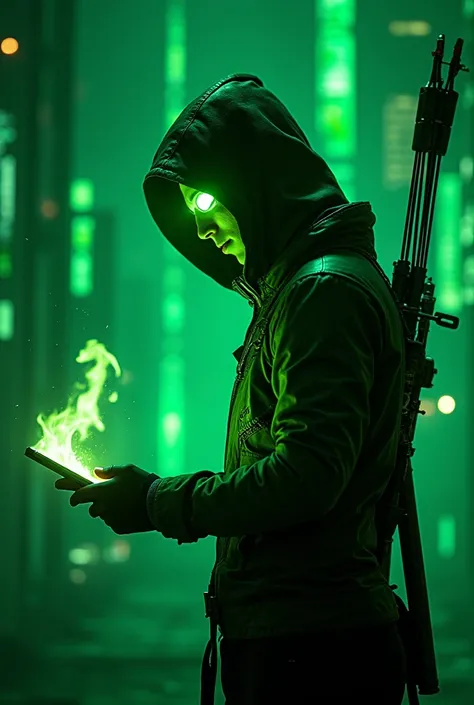 Cyber punk with green cover and glowing eyes flaming green bow and arrow on the back and a cell phone with graphics coming off the screen in a very futuristic setting lyrics from the movie Matrix falling on the screen
