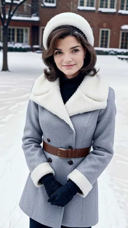 Jackie Kennedy, with sexy winter outfit, cleavage, smiling, in the snow