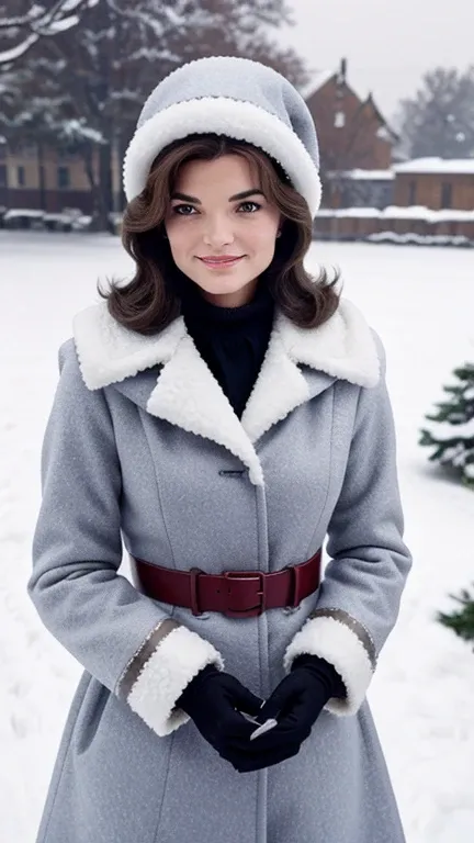 Jackie Kennedy, with sexy winter outfit, cleavage, smiling, in the snow