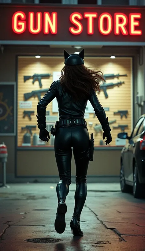 A semi-realistic depiction of Catwoman sprinting directly towards a gun store positioned right in front of her in a bustling urban setting. She is wearing her sleek black leather suit with a utility belt and her signature cat ears headpiece. Her whip and g...