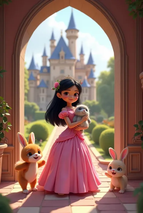 Generate an image of this scene where the princess Alexa comes out in her pink dress and black hair, with her capybara plush, returning to his castle with his happy rabbit and puppy