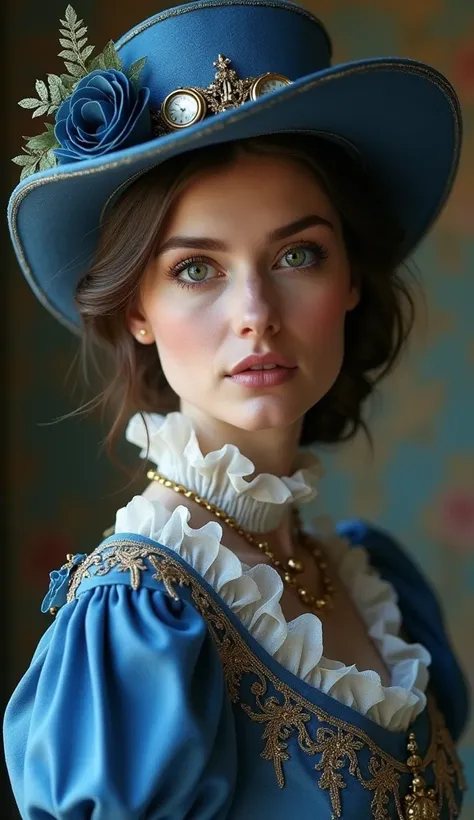   Theres a woman in a blue dress and hat with a watch ,  Harrison Fischer inspired color photo , CG Societyでトレンド,   Digital Art  ,  Beautiful Victorian Woman , Victorian Woman,  beautiful animated woman in steampunk ,  steampunk aesthetics ,  Steampunk Gir...