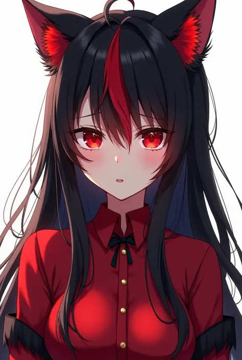 Female anime character long black hair red fringe dark red eyes reddened blouse wolf ear blouse and white background