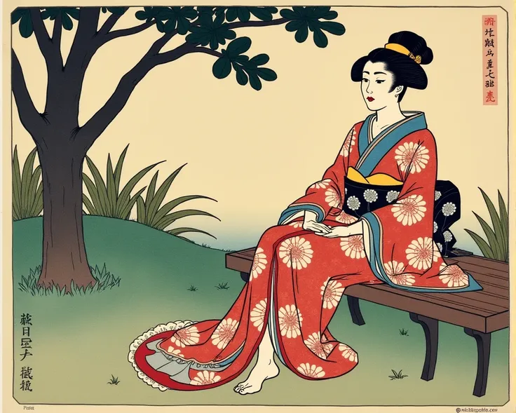 Picture of a woman sitting on a bench in the garden, Inspired by Hishikawa Moronobu,   by Kikuchi Yosai  ,  Japanese woodblock print ,  arafe image of a man wearing a kimono sitting on a bed ,  influenced by the East in Kyogen , Hokusai-style , From the Se...