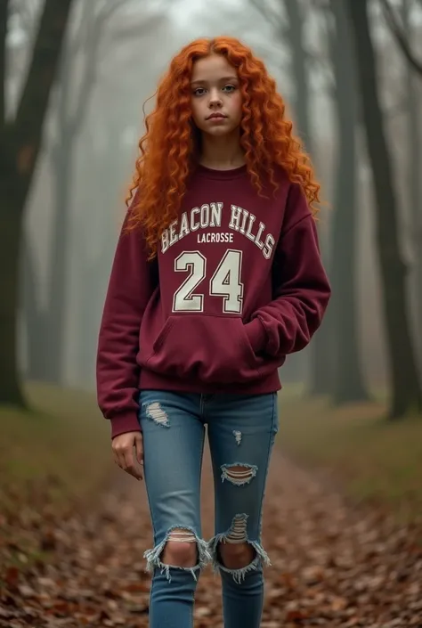 Realistic, misty forest as background, 16-year-old girl, 5’7”, grey eyes, Ginger Red Long curly hair, Tan skin, wearing an oversized maroon Beacon Hills lacrosse sweatshirt for number 24, ripped jeans, and black Chuck Taylor Converse