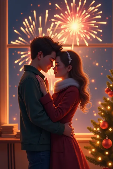  A boy spending Christmas with his girlfriend so well embraced, image with fireworks , A little tree, 