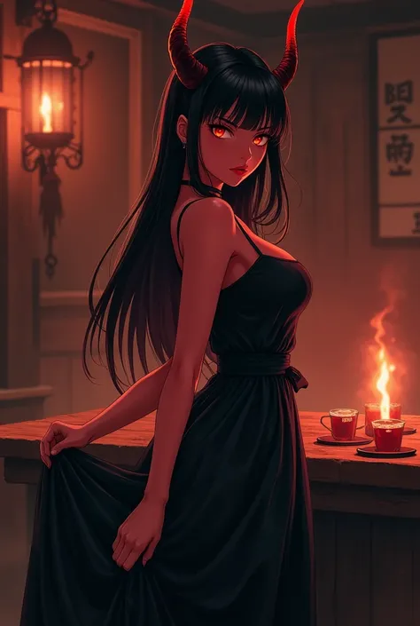  A Half-Demon Woman from Anime. Full Red Skin .  Long straight dark hair with bangs on the forehead and goat horns on the head. big round firm breasts .  Poor peasant womans black dress ,  with a bold neckline highlighting her breasts .  The atmosphere tak...