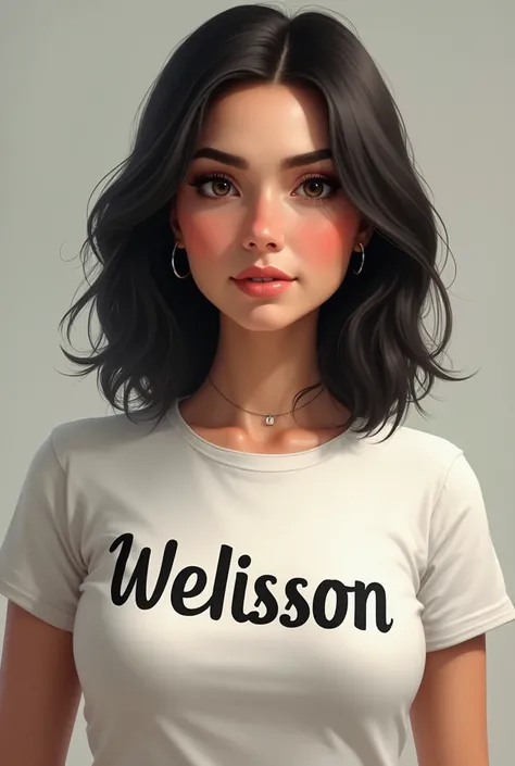 Create a real woman wearing a t-shirt with the name Welisson 