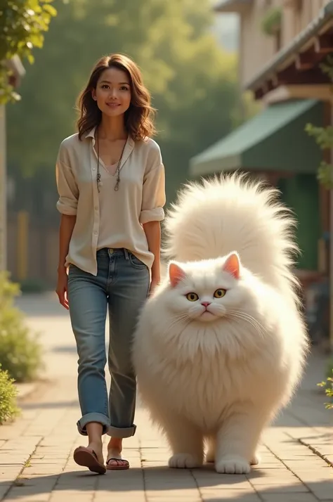 A casually dressed woman and a giant angora cat walk together