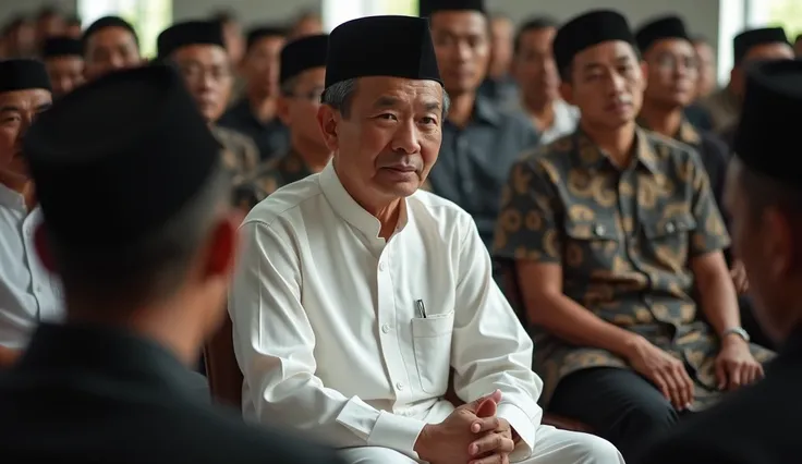 Kh Bahaudin Nursalim  , Asian man  , Indonesia, wearing a black cap ,  in white long clothes  , wearing a sarong ,  was sitting in the meeting with the crowd 