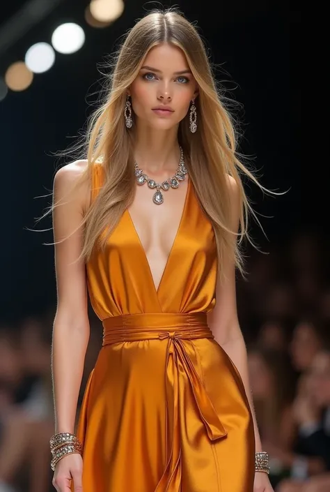 Woman blonde, very long blonde hair, dark blue eyes, on a catwalk for a famous clothing brand, with a topaz fashion dress, tidy hair,  topaz jewelry,