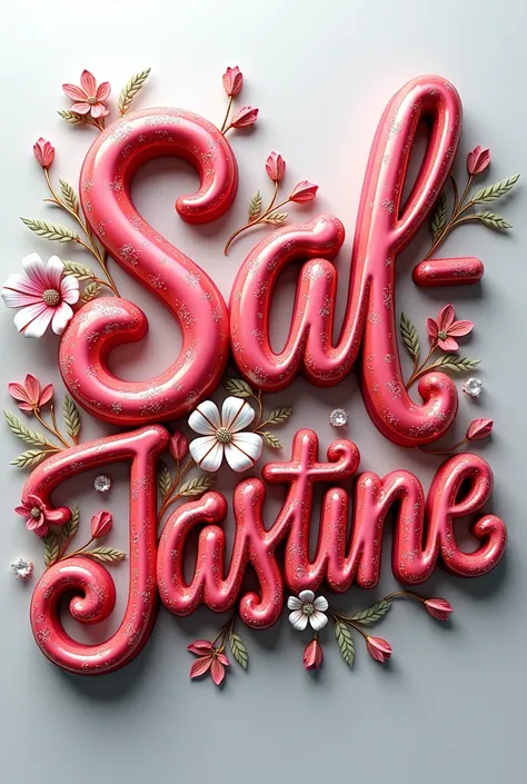 Typographie 3D élégante avec un joli nom "SAF-ONE&JASTINE 💕"" coloré élégante avec des fleurs rouge et blanches  élégante et des fins diamants avec des étincelles de couleur vives,  avec une petite signature élégante  en bas de nom Inspired by empire  à dr...