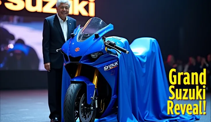 Create a captivating thumbnail of a bike reveal event featuring the vivid blue Suzuki sports motorcycle. The bike should be partially covered with a silky fabric, with one side pulled back to showcase its sharp fairings, golden forks, and sleek design. The...