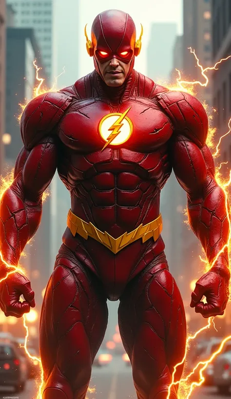 "A photorealistic image of a giant, menacing hybrid creature that blends the traits of Flash and Reverse-Flash. The figure has a towering, muscular build, with a red and yellow suit as the base, combining Flash’s iconic red armor with Reverse-Flash’s yello...