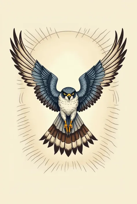 Here’s a refined and highly detailed description for your design:  

"A meticulously hand-drawn-style illustration of a peregrine falcon, viewed from the back, with its wings fully extended in a powerful and symmetrical pose. The falcon’s feathers are rend...