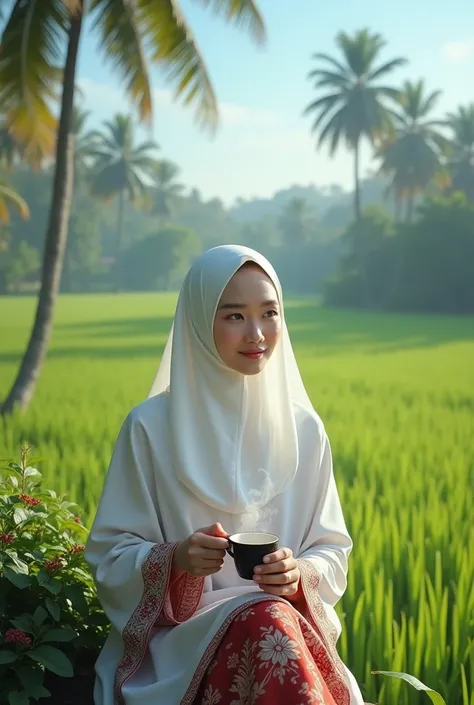 Cover of a Tangal Calendar for 2025 .A beautiful young Indonesian woman wearing a traditional white kebaya hijab and batik cloth is sitting on the edge of a rice paddy holding a cup of black coffee in beautiful nature..the cover of the calendar is complete...