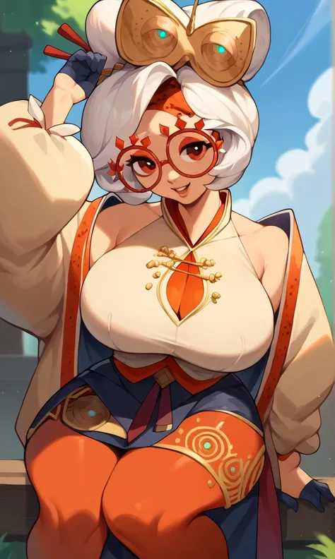 score_9, score_8_up, score_7_up, score_6_up, score_5_up, score_4_up, (source_anime), purah,
1girl,  huge breasts, narrow waist, thick thighs,  hair ornament, red headband, red glasses, sleeveless shirt, white coat, black skirt, red leggings, gloves, high h...