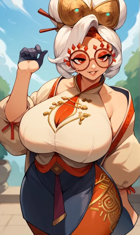 score_9, score_8_up, score_7_up, score_6_up, score_5_up, score_4_up, (source_anime), purah,
1girl,  huge breasts, narrow waist, thick thighs,  hair ornament, red headband, red glasses, sleeveless shirt, white coat, black skirt, red leggings, gloves, high h...