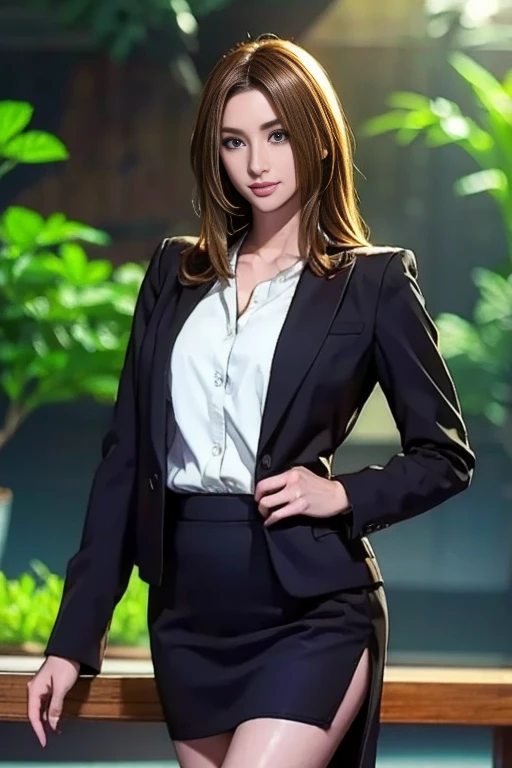  top quality,  realistic ,  super detailed, finely,  high definition , 8k wallpaper,  one beautiful woman inside the aquarium building ,,  Light brown disheveled hair ,  is wearing a business suit,Wearing a slit skirt 、  sharp concentration,  perfect dynam...