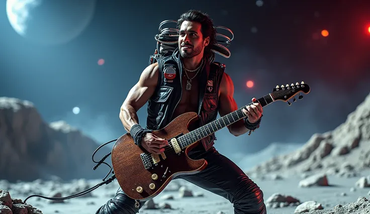 A muscular male rock singer performing on the moon, photorealistic, high detailed, highly detailed face, detailed clothing, dramatic lighting, cinematic, epic scale, dynamic pose, space suit, electric guitar, moonscape background, vibrant colors, dramatic ...