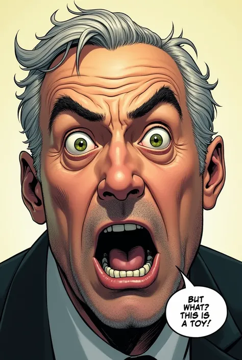 Primer plano del rostro del  Character A  es hombre, s face with an expression of disbelief and panic!.  Dialogue globe  ( Character A ):  (with wide open eyes) But what? ?!  This is a toy !


Its for a comic book