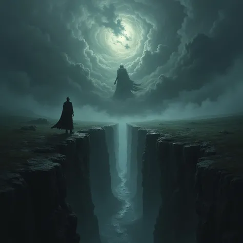 "A dark, atmospheric image representing a metaphorical MOU agreement. A stormy sky looms above two lands separated by a deep chasm. On one side, a figure stands, looking toward the other, where a shadowy, mysterious force is at work. The figure is surround...